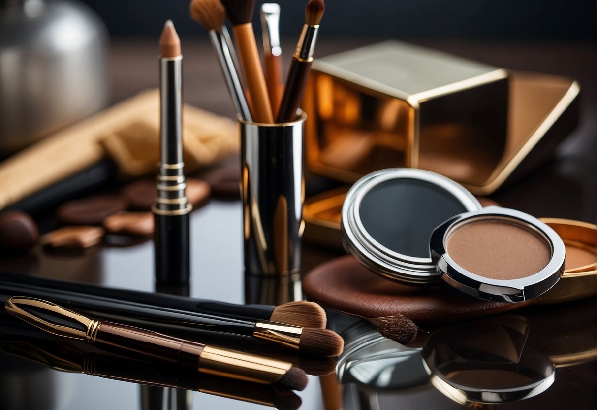 A hand holding a brow pencil next to a mirror with various brow pencils and grooming tools scattered around