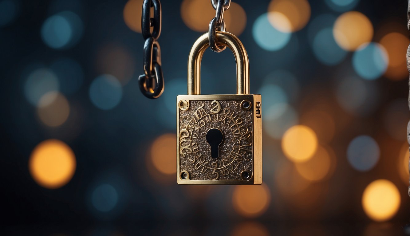 A padlock hanging from a chain, surrounded by swirling arrows and question marks, symbolizing the challenges and risks of security in cashback programs