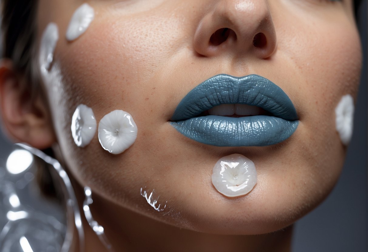 A cotton pad soaked in makeup remover hovers over a stained area on the skin. Drops of liquid fall onto the surface, lifting the tint and leaving a clean patch behind