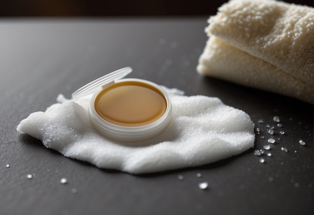 A cotton pad soaked in makeup remover hovers over a stained patch of skin, with a bottle of natural product nearby