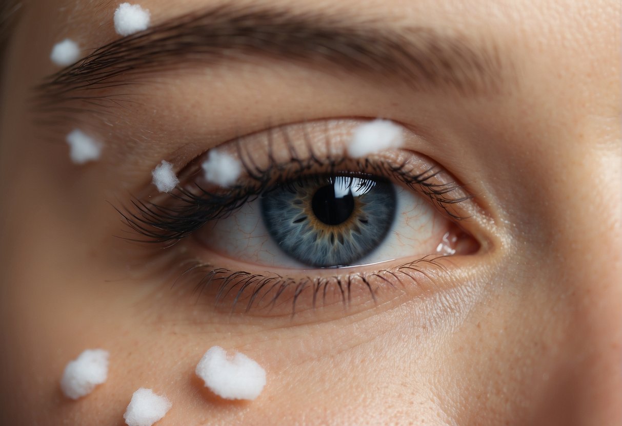 A cotton pad soaked in makeup remover is gently pressed against the skin, lifting the excess eyebrow tint