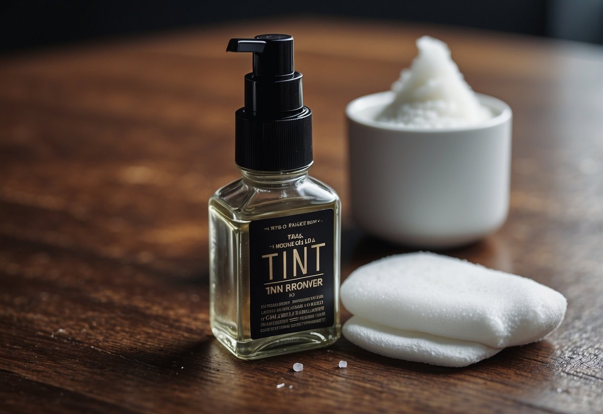 A small bottle of tint remover spilled on a table, with a cotton pad and a faint stain on the skin