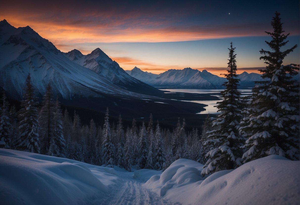 Alaska is engulfed in darkness for 6 months, with the sun barely visible on the horizon. Snow-covered landscapes and starry nights dominate the scene