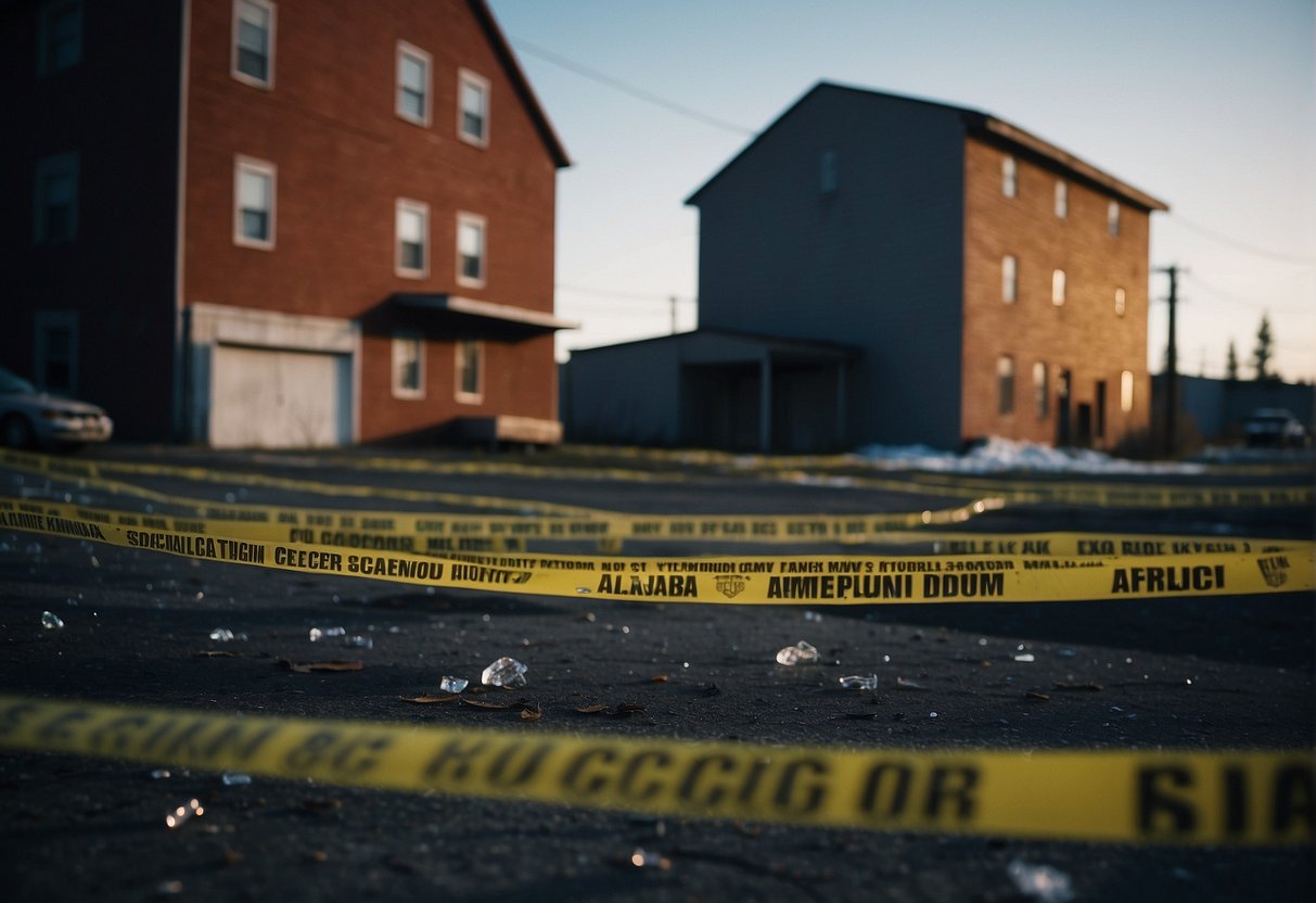 Alaska's crime rate is depicted through broken glass, police tape, and abandoned buildings in a dimly lit urban setting