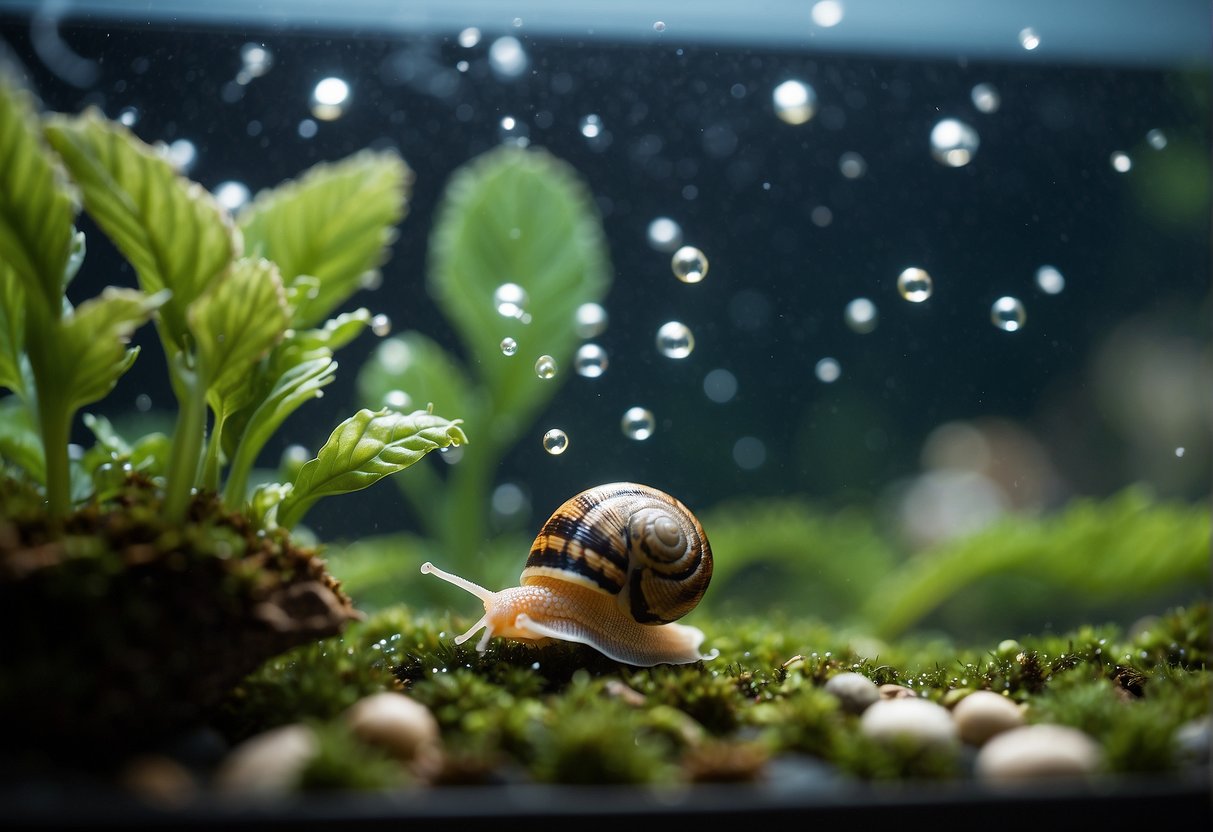 A snail is slowly moving across the bottom of a betta tank, while sinking pellets and algae wafers are scattered around for it to feed on