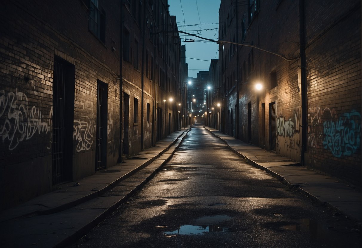 A dark alley in a city with graffiti-covered walls and broken streetlights, creating a sense of danger and high crime rate