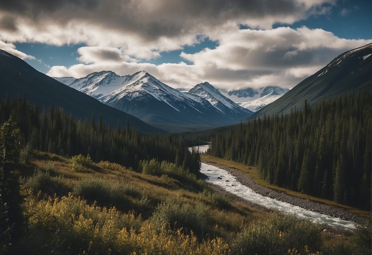 The rugged Alaskan wilderness, with snow-capped mountains and dense forests, set against a backdrop of remote towns and isolated communities