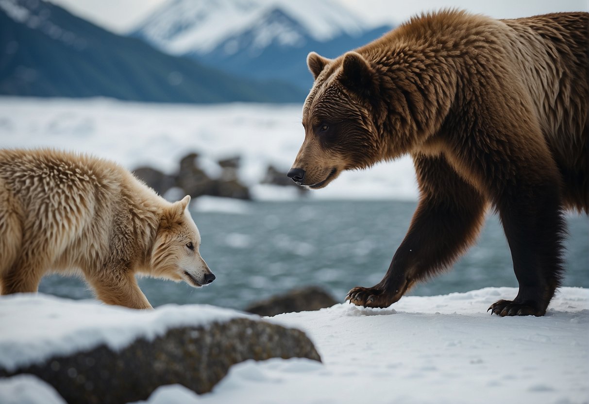 A bear and a wolf face off in a snowy Alaskan wilderness, with mountains in the background