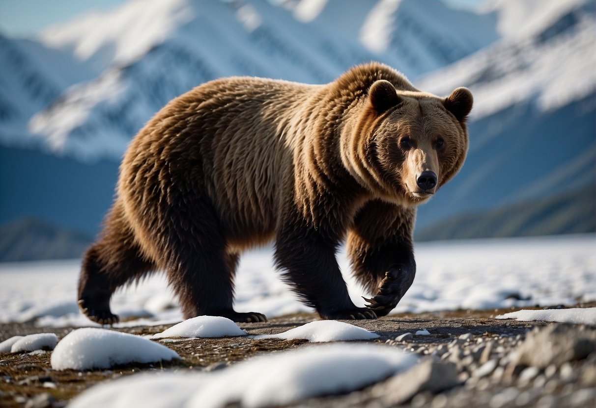 A bear prowls through an icy Alaskan landscape, its sharp eyes scanning the surroundings for potential prey. The snow-covered mountains loom in the background, adding to the sense of danger in the air