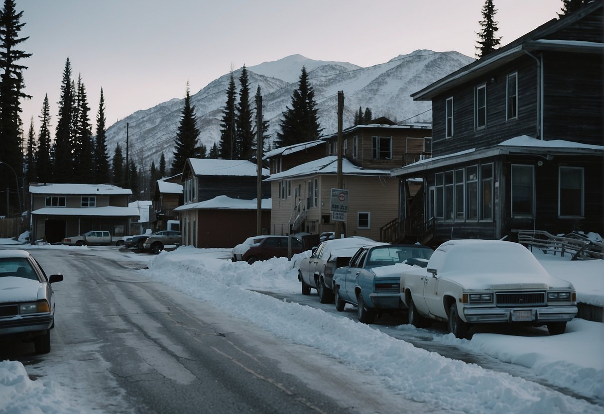 Alaska's high crime rate: dark, snowy streets, broken windows, and abandoned buildings in a desolate urban area