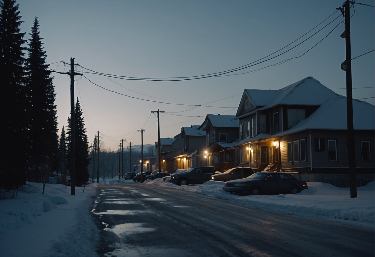 Alaska's high crime rate: dark, snowy streets with broken streetlights, abandoned buildings, and shadowy figures lurking in the corners