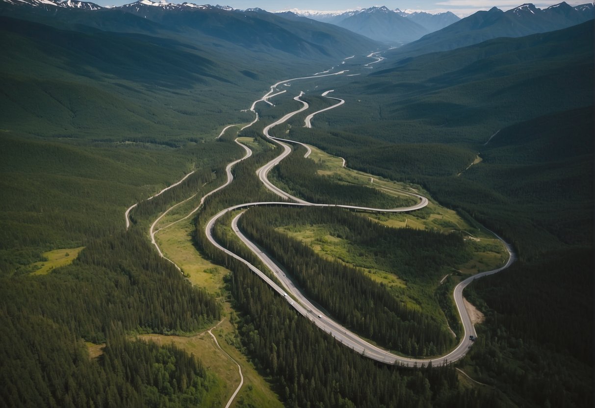 An aerial view of Alaska's vast landscape with winding highways cutting through mountains and forests