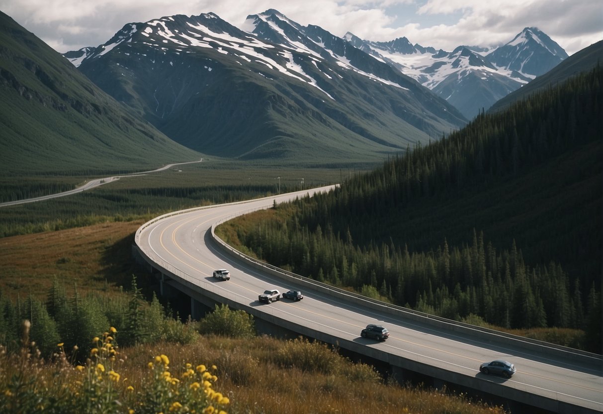Alaska's unique interstate system winds through rugged mountains and vast wilderness, with roads stretching across the expansive and remote landscape