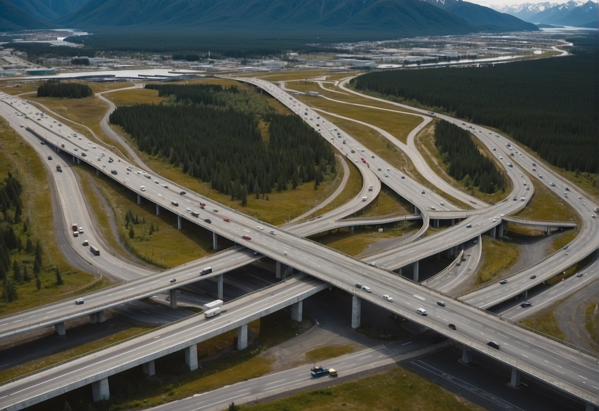 Alaska's major highways intersecting, connecting cities and towns