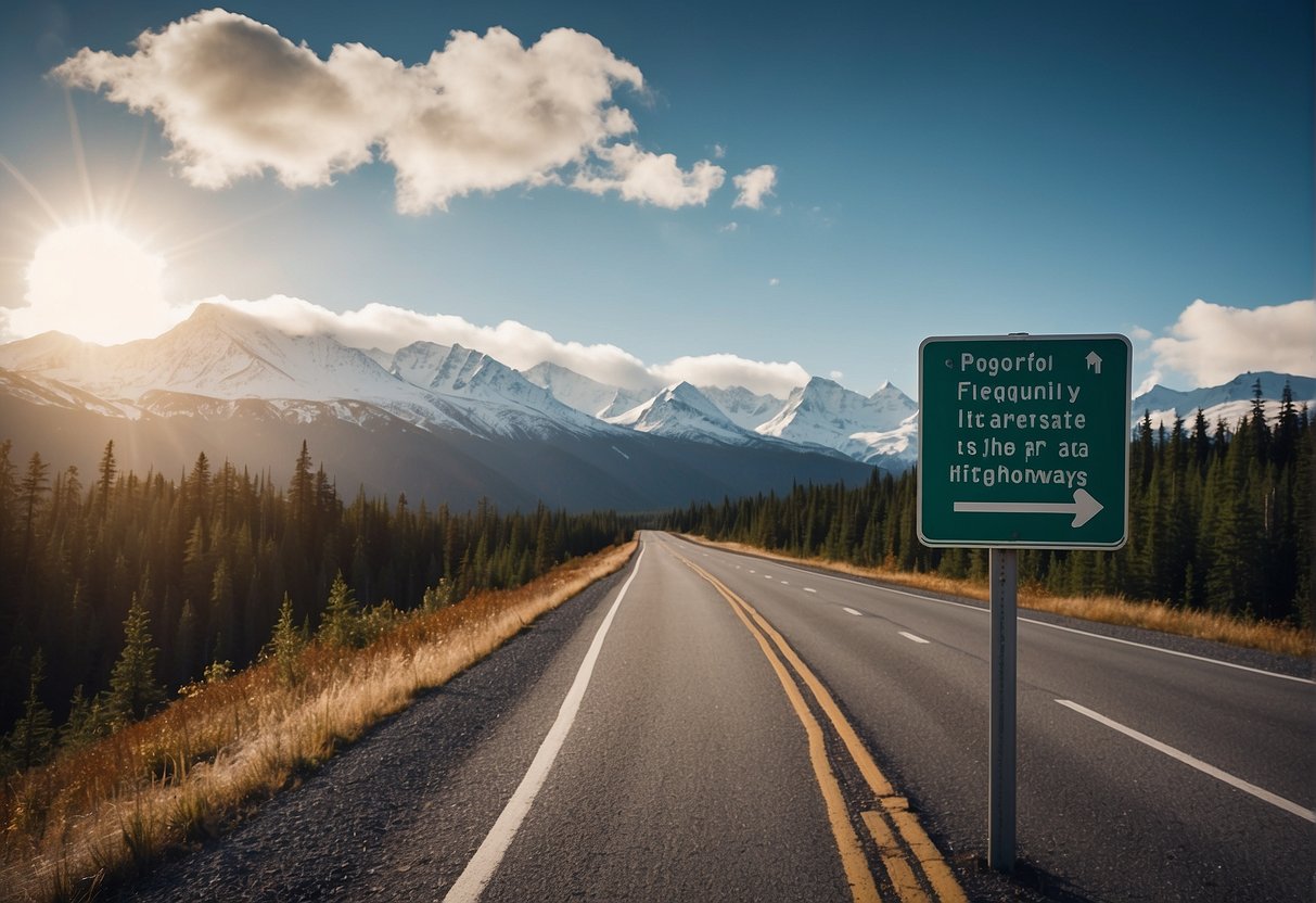 A highway sign for "Frequently Asked Questions: Does Alaska have interstate highways" with a backdrop of the Alaskan landscape