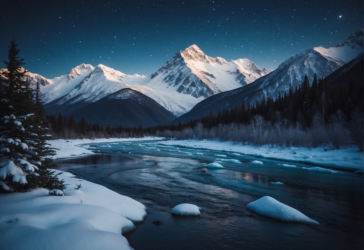 A frozen landscape in Alaska, with snow-covered mountains and icy rivers under a clear, starry sky