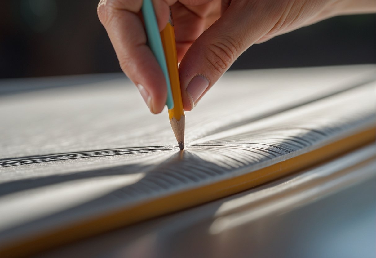 A hand holding a pencil lightly traces a line above the eyebrow