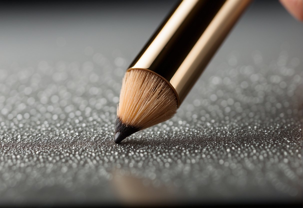 A hand holding an eyebrow pencil, drawing a precise line on a perfectly groomed eyebrow