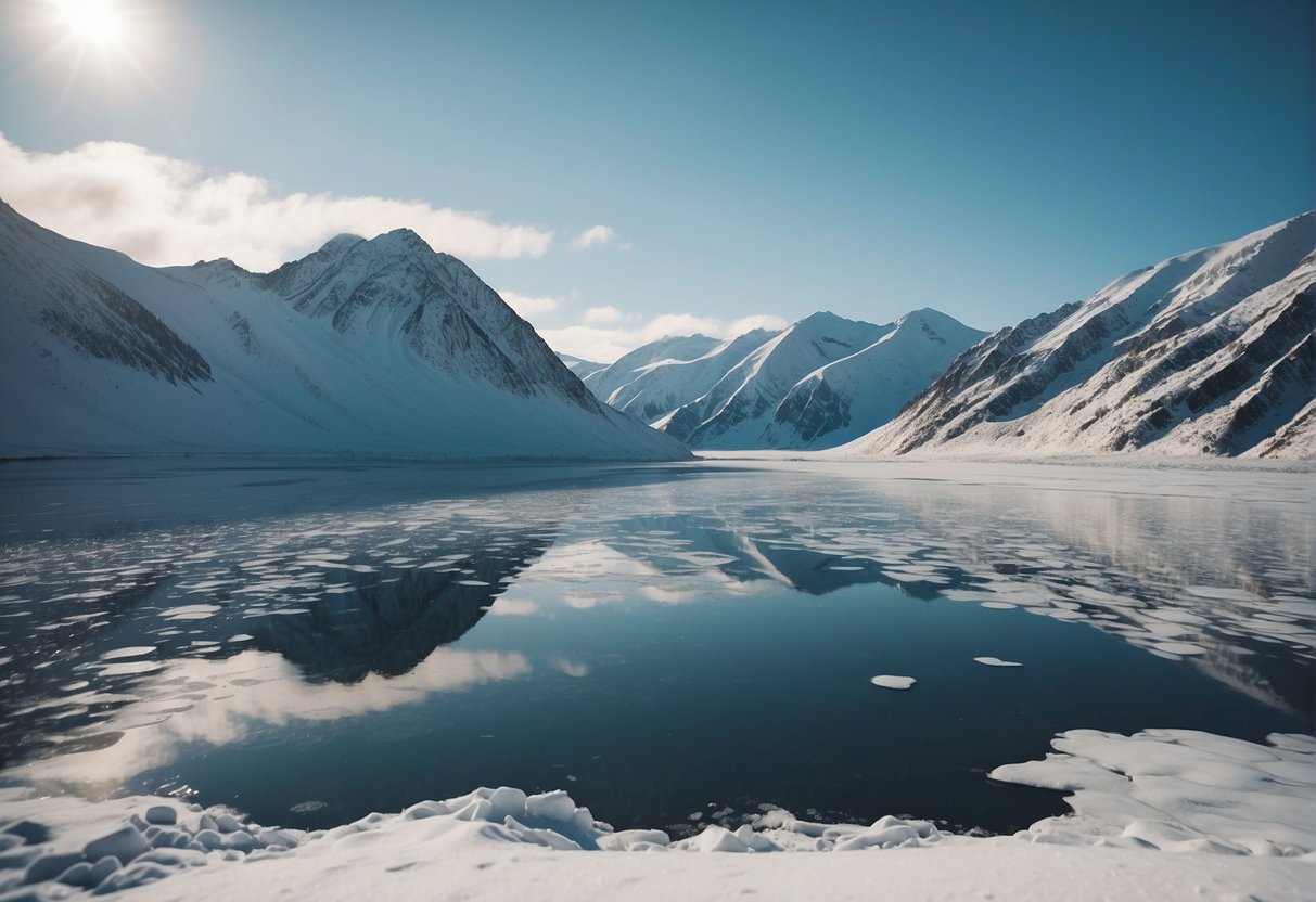 Snow-covered mountains, frozen lakes, and icy winds in Alaska's harsh winter