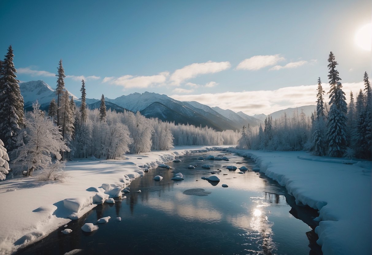 Alaska's frigid temperatures create a winter wonderland. Snow-covered landscapes and icy rivers illustrate the extreme cold of the region