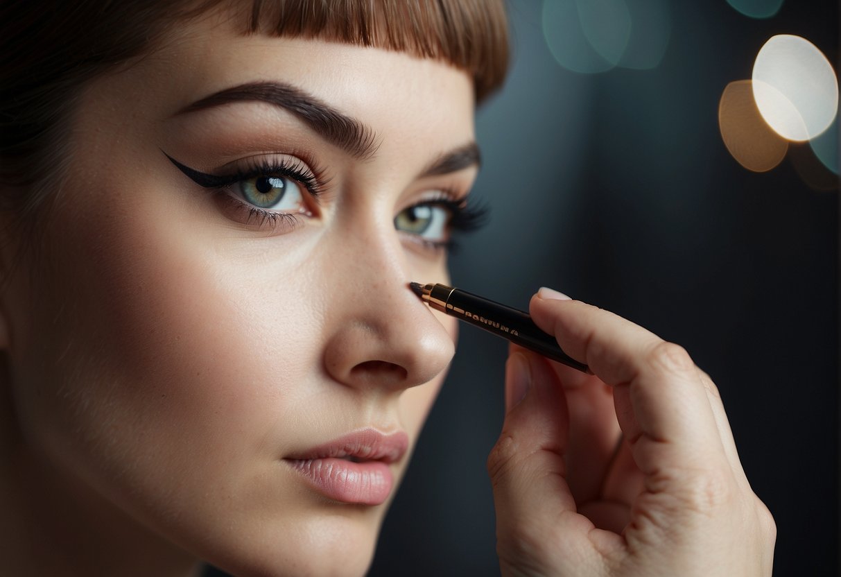 A hand holding an eyebrow pencil, drawing a precise line on a well-groomed eyebrow