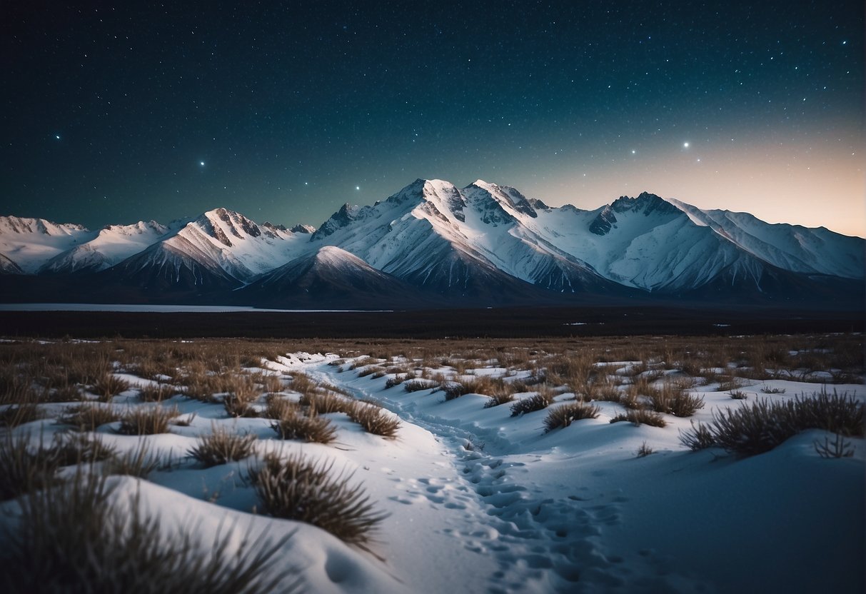 Snow-covered mountains and icy tundra under a clear, starry sky in Alaska