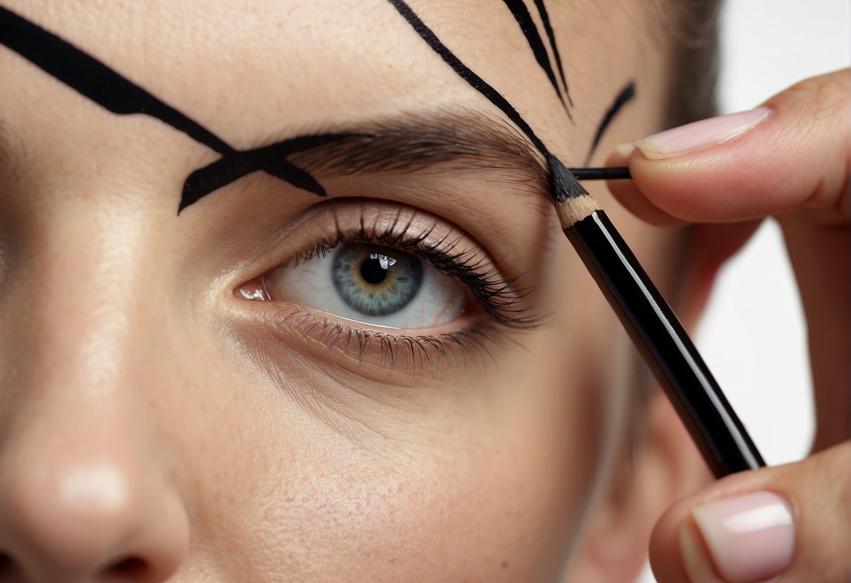 A hand holding an eyebrow pencil, drawing a precise line on a raised eyebrow
