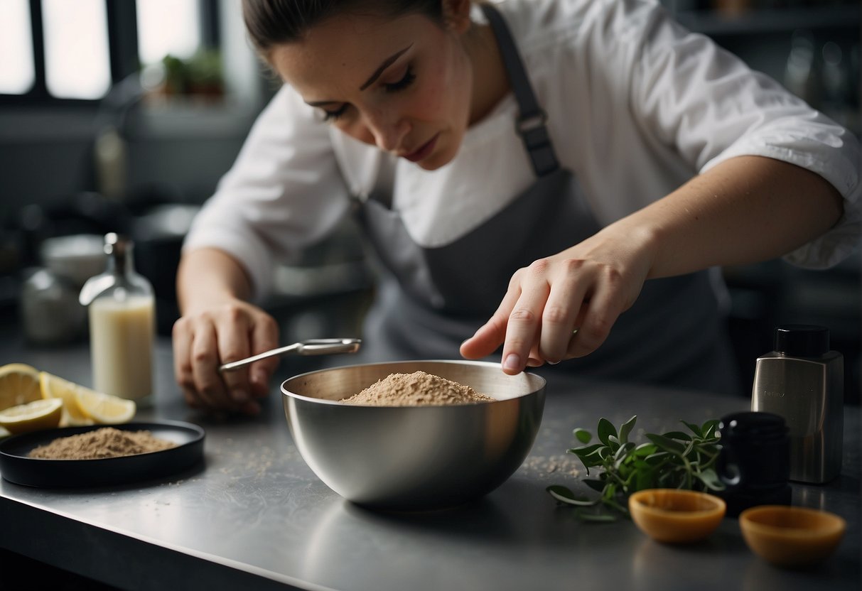 A hand mixing ingredients in a small bowl to create a brow pomade. Ingredients and tools laid out on a clean surface