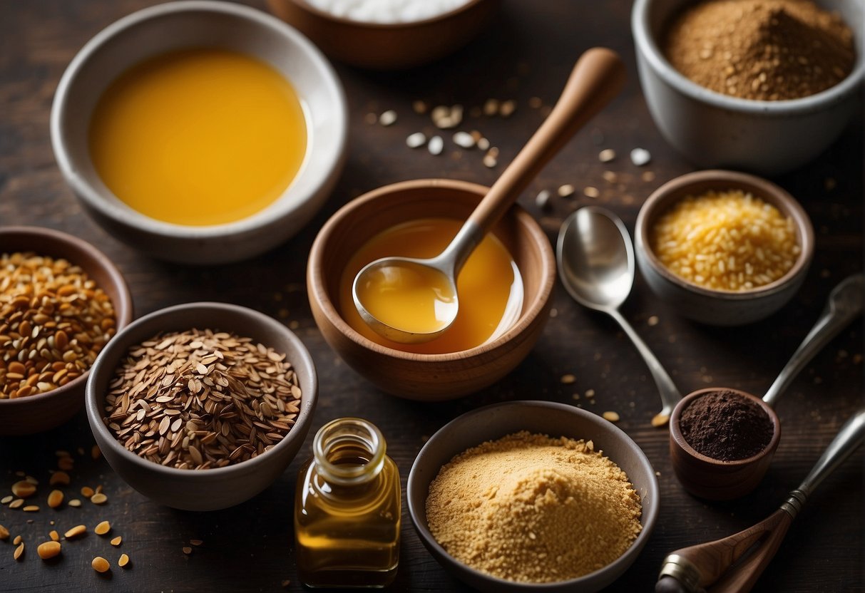 A table with various ingredients and tools for making eyebrow pomade, including a mixing bowl, spatula, and measuring spoons. Ingredients such as beeswax, coconut oil, and pigment powders are laid out in small containers