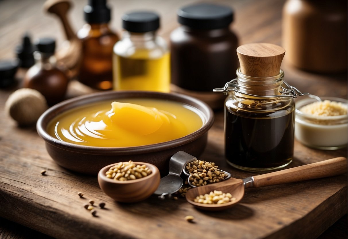A table with various ingredients and tools for making eyebrow pomade, including a mixing bowl, beeswax, oils, and a small stove