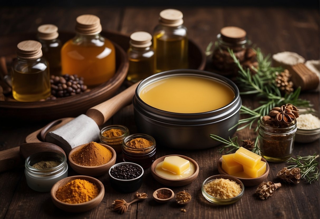 A table with various ingredients and tools for making eyebrow pomade, including beeswax, oils, and small containers
