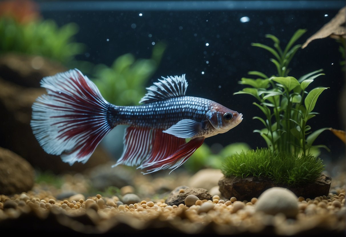 A betta fish swims in a clean, spacious tank with a bubbling filter and live plants. A small cave provides a hiding spot. The water temperature is stable at 78-80°F