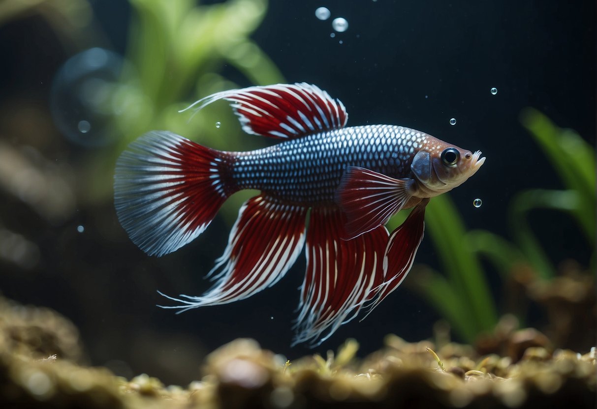 A female betta fish swims near a bubble nest, showing signs of pregnancy. She appears bloated and her gravid spot is darkened