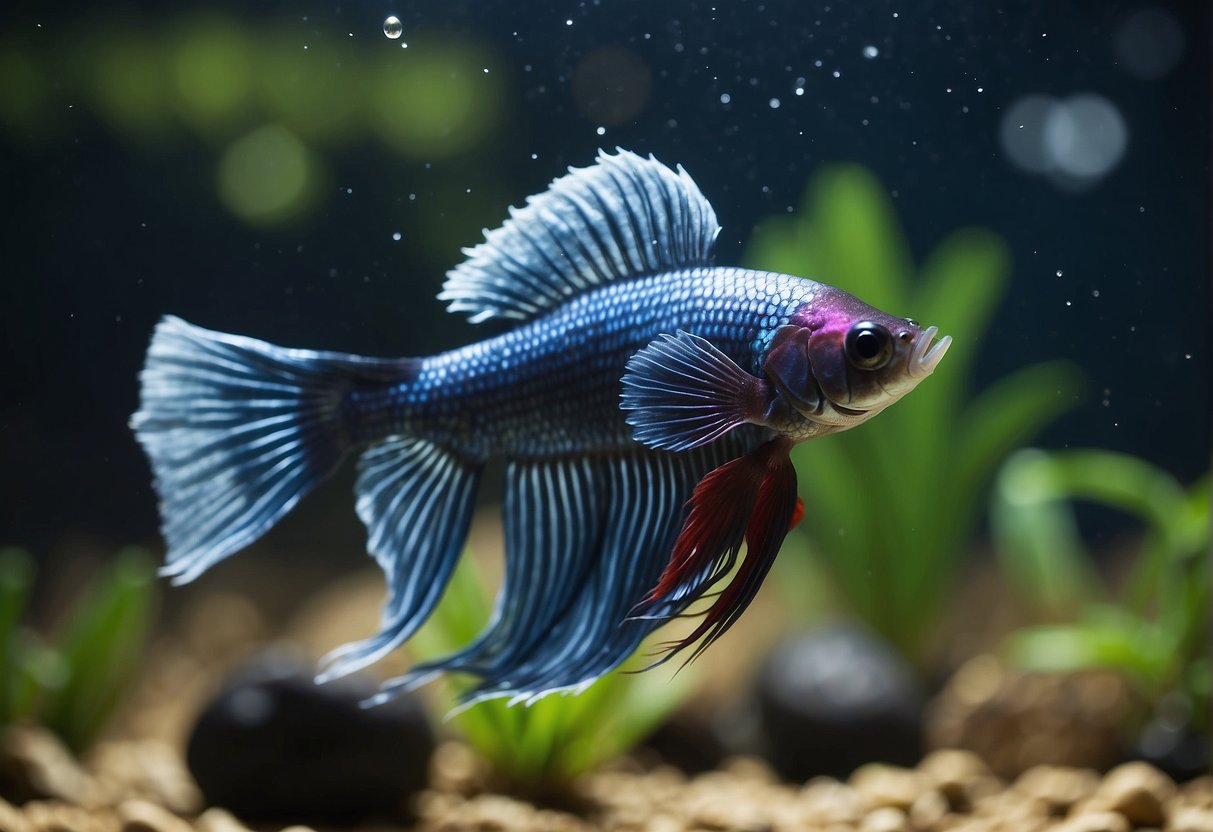 A betta fish swims gracefully in a clean, spacious tank with vibrant colors and plants. It explores its environment, flaring its fins and displaying active behavior