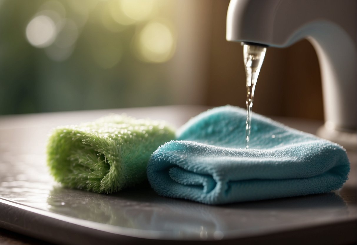A small brush is being gently washed with soap and water, then left to dry on a clean towel