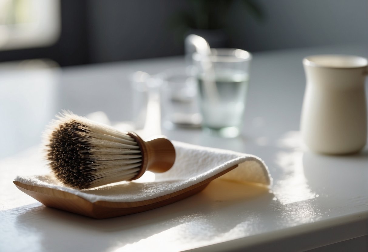 A clean brush and a small bowl of warm soapy water sit on a white table. A paper towel is nearby for drying