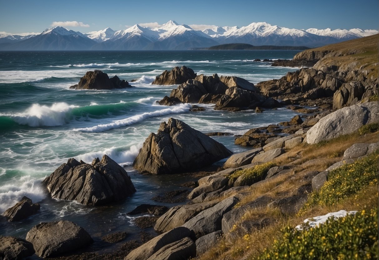 Alaska's Geographic Extremes: A rugged coastline meets the easternmost point of the United States, with snow-capped mountains in the background