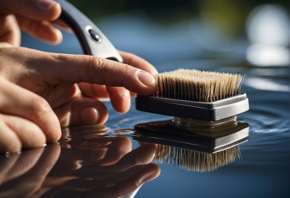 A hand holding a brow brush under running water, with soap and gentle scrubbing. Then, pat dry with a clean towel