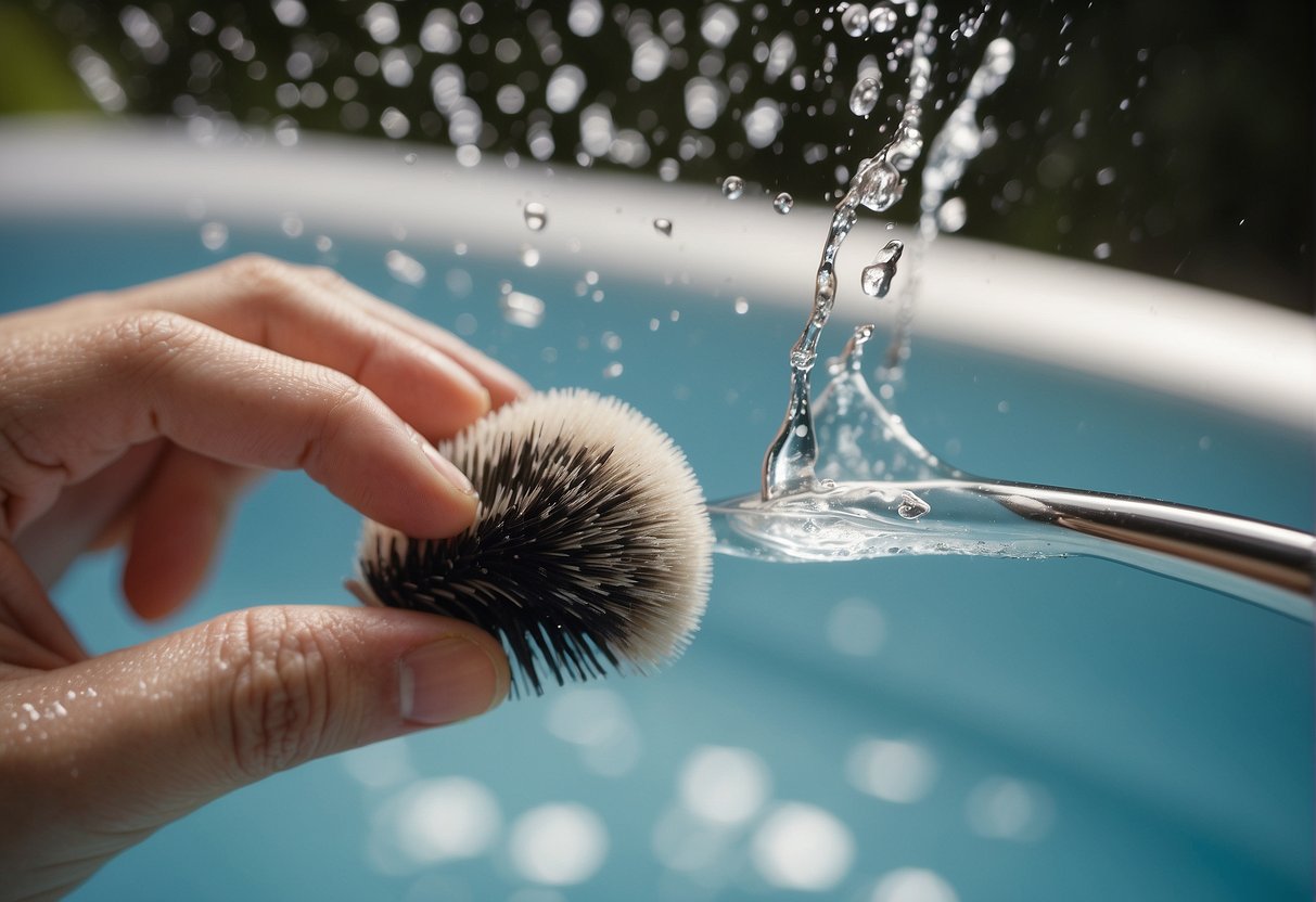A hand holding a soapy eyebrow brush under running water