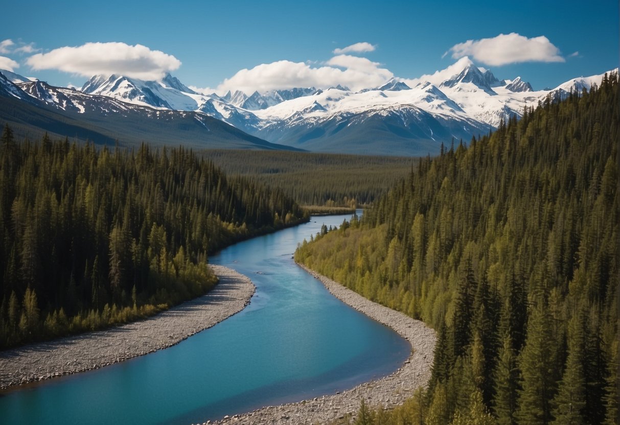 Alaska in Context: a rugged landscape with snow-capped mountains, dense forests, and a winding river under a clear blue sky