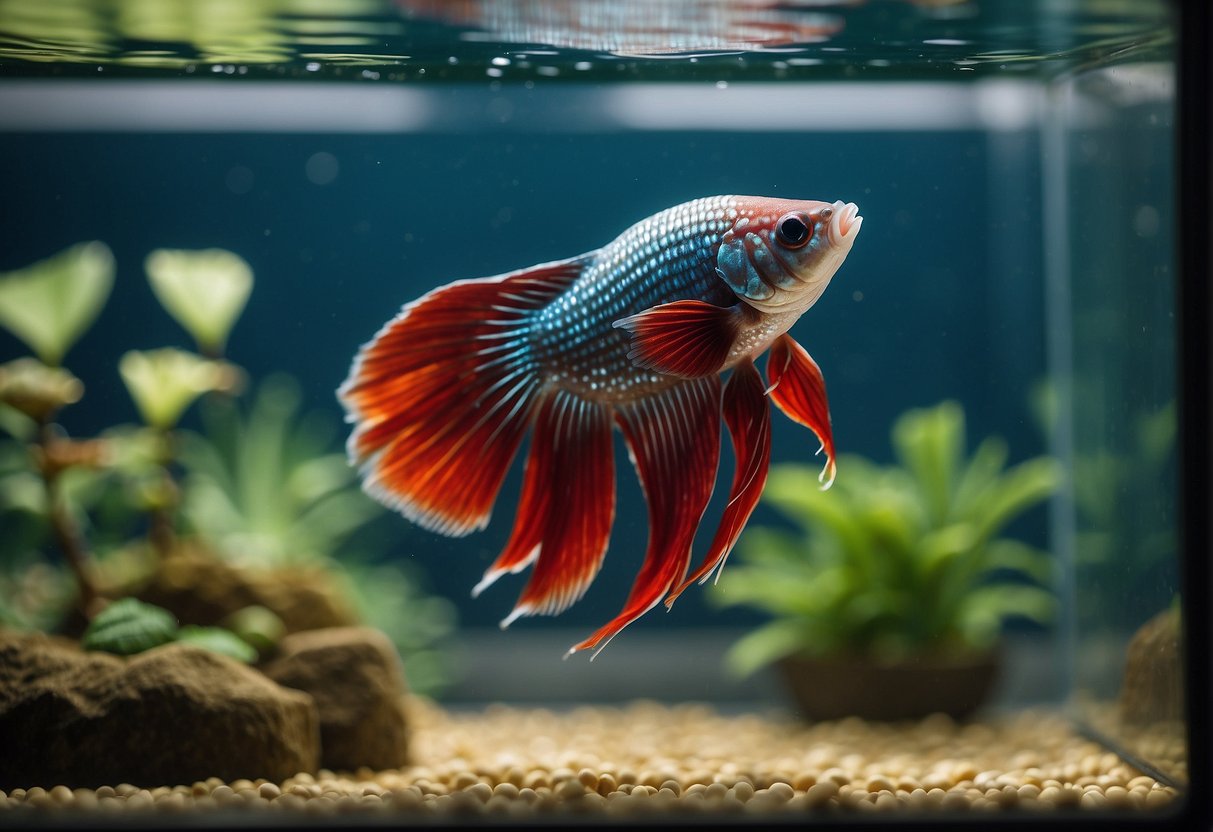 A betta fish swims freely in a spacious, clean tank with plenty of plants and hiding spots, bright lighting, and a variety of colorful decorations