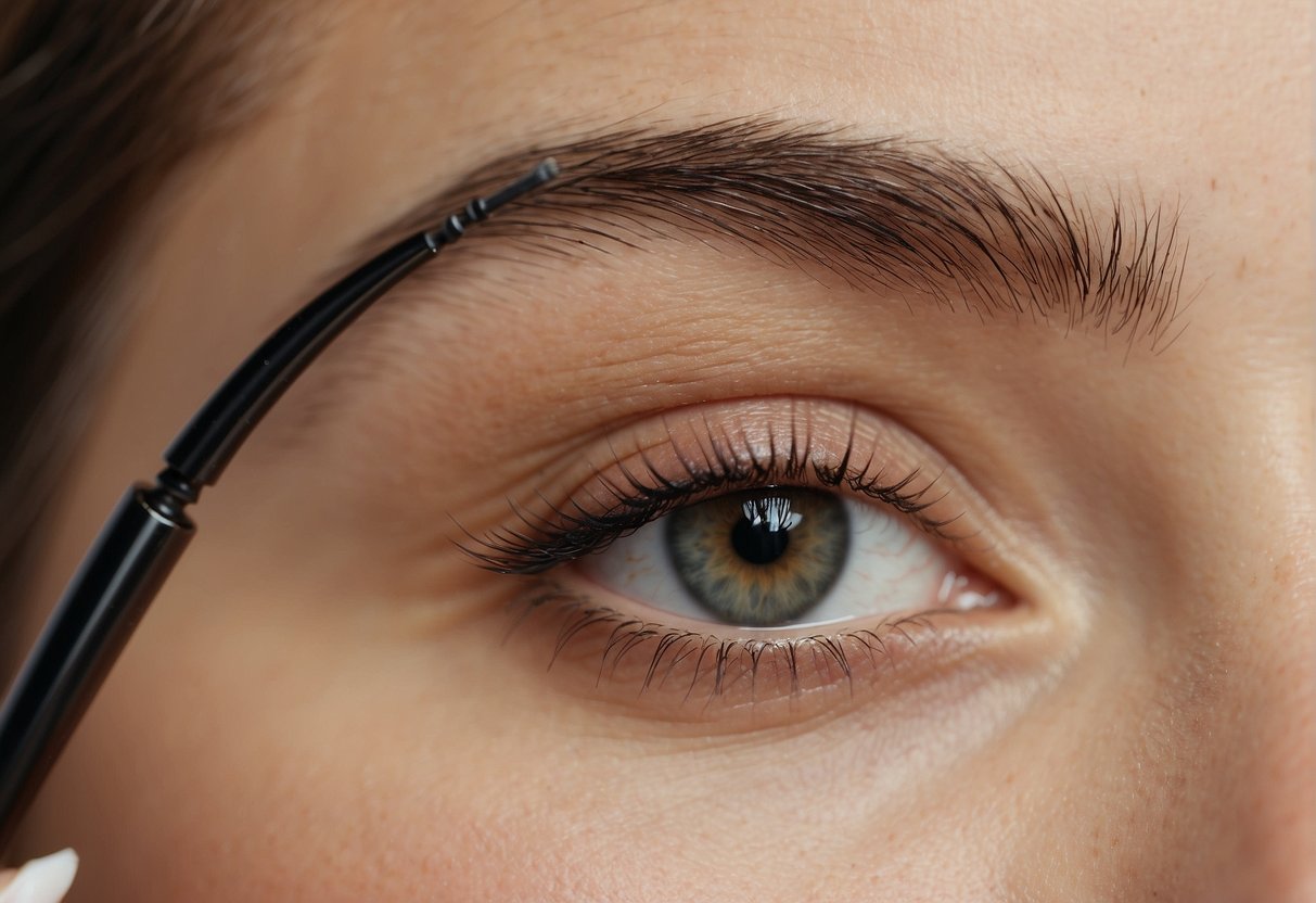 A close-up view of eyebrows being over-plucked, with visible gaps and uneven shapes. A hand holding an eyebrow pencil, attempting to fill in the sparse areas