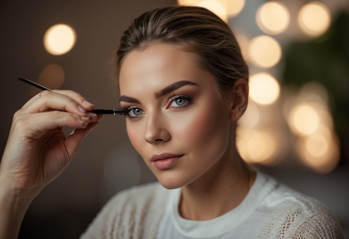 A person using a brow pencil to fill in over-plucked eyebrows, blending with a spoolie brush for a natural look