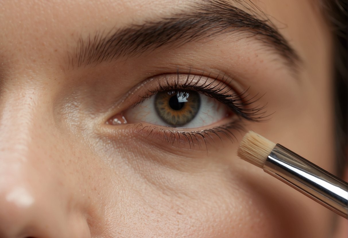 A person attempting to fix an over-plucked eyebrow with a brow pencil and spoolie brush