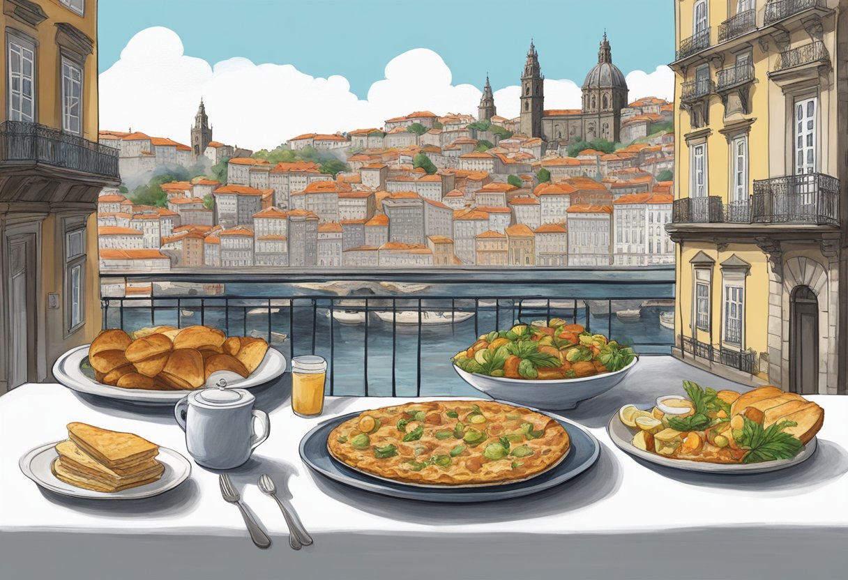 A table set with a steaming plate of Francesinhas, surrounded by historic landmarks in Porto. Tourists and locals gather to enjoy the iconic dish, capturing the cultural and culinary essence of the city