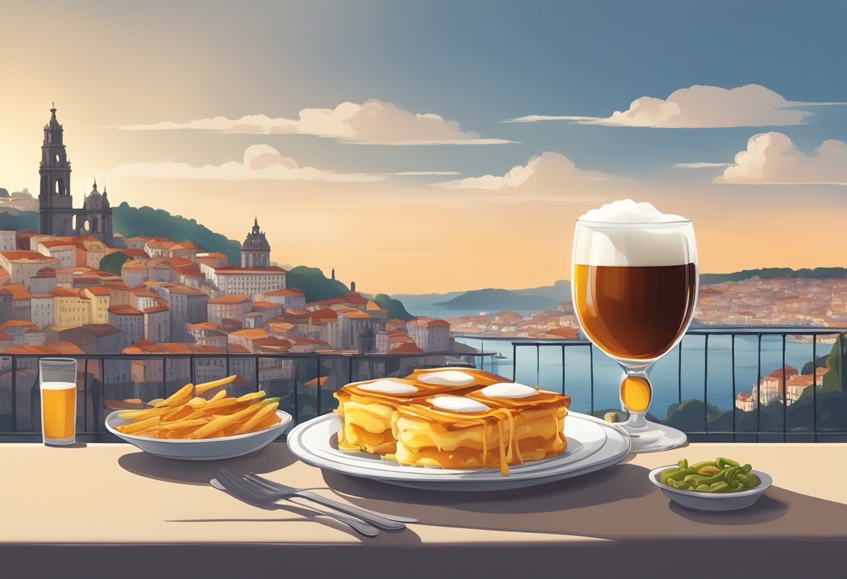 A table set with a steaming plate of Francesinha, surrounded by glasses of port wine and beer. The historic city of Porto in the background