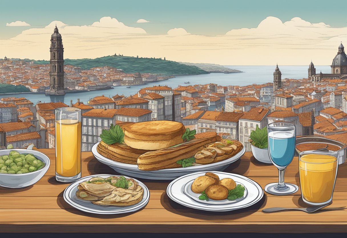 A table set with a variety of delicious Francesinhas, surrounded by historical landmarks of Porto, highlighting the city's commitment to conservation and sustainability