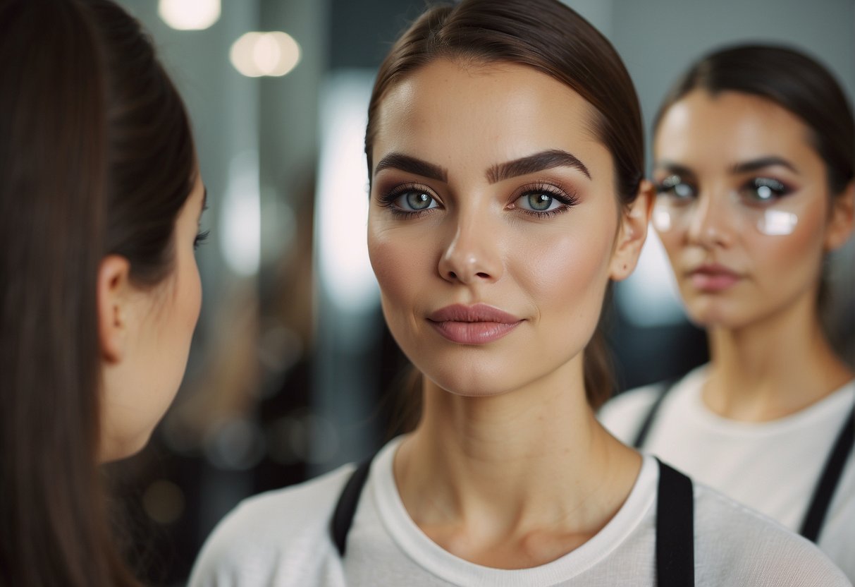 A mirror reflecting various eyebrow shapes and sizes, with a person trying on different styles