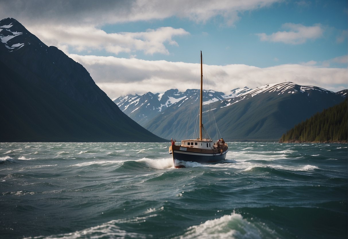 A small boat sails across the choppy waters from Alaska to Russia, with the rugged coastline of both countries visible in the distance