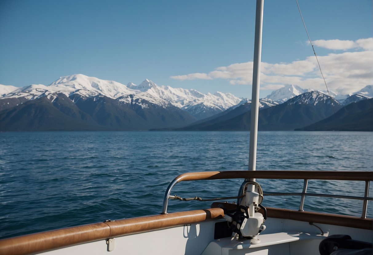 A boat sails across the Bering Strait from Alaska to Russia, with snow-capped mountains in the background and a clear blue sky above